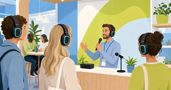 Lyd på messestand: mikrofon, demo og hodetelefoner